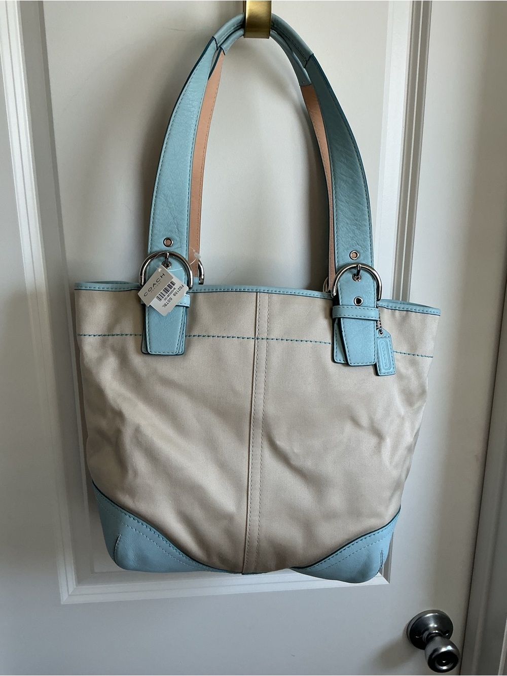 Coach Beige and Light Blue Leather-Trim Tote